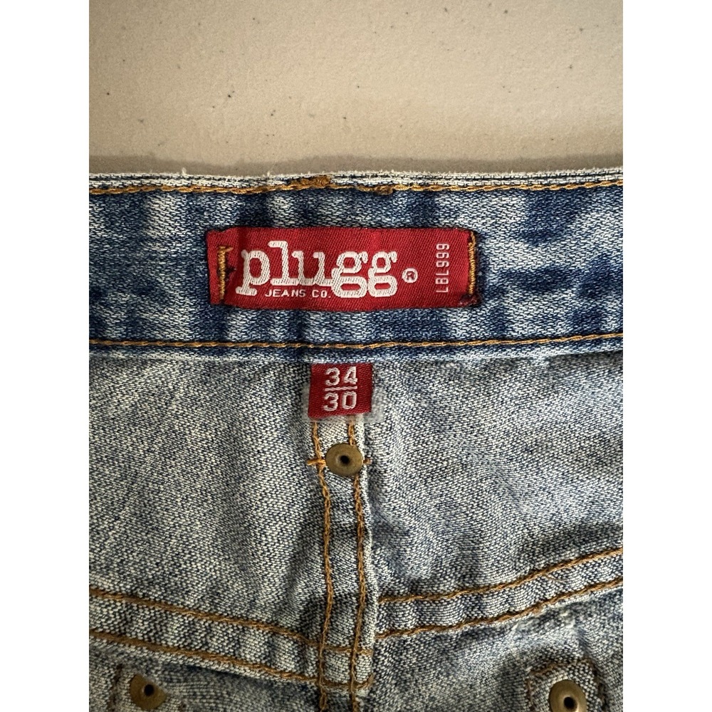Y2K Plugg Jeans Co Mens 34x30 Bootcut Ripped Denim Jeans Medium Wash 100% Cotton - Picture 5 of 15